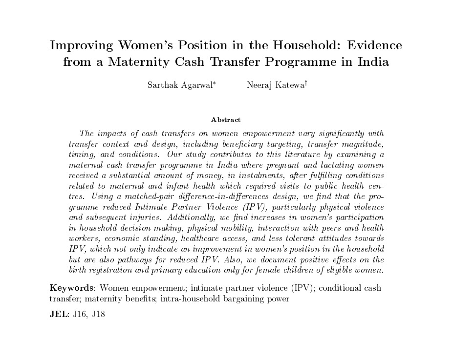 Sarthak Agarwal (@sarthak_agarwl) on Twitter photo Happy to share that our paper (joint w/ <a href="/neeraj_katewa/">Neeraj Katewa</a>) has been accepted for publication in The European Journal of Development Research (<a href="/EADI/">EADI</a>).
We find that cash and counselling to pregnant women ⬇️ #IPV ⬆️ #Bargainingpower ⬆️ #mobility ⬆️ social interactions
#EconTwitter Happy to share that our paper (joint w/ <a href="/neeraj_katewa/">Neeraj Katewa</a>) has been accepted for publication in The European Journal of Development Research (<a href="/EADI/">EADI</a>).
We find that cash and counselling to pregnant women ⬇️ #IPV ⬆️ #Bargainingpower ⬆️ #mobility ⬆️ social interactions
#EconTwitter