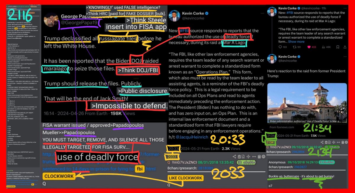 17Grasshopper's tweet photo. ‼️BUCKLE UP BUTTERCUPS‼️
🍿IT'S ABOUT TO GET BUMPY🍿
⏰️⏰️..LIKE CLOCKWORK..⏰️⏰️
Our main focus here is drop 2116 09/07/2018
And lets start with what @GeorgePapa19 said Twice on 04/26 && 05/05/2024

Trump DECLASSIFIED ALL RUSSlAGATE FILES
Hence the biden D0J raid of Maralago.
TRUMP SHOULD RELEASE THE FILES¹PUBLICLY
THAT WOULD BE THE²END OF JACK SMITH

NOW,.. Drop 2116 is a 1:1 with the above and includes George Papadopoulos as one TARGETED by FISA

NOTE:
THE BASIS OF THE FISA WARRANT WAS THE FAKE STEEL (RUSSIA, RUSSIA RUSSIA) DOSSIER PAID BY THE DNC/HRC AND IMPLICATES THE D0J&&FBl

NOTE: 
That drop 2116 mentions:
-PUBLIC DISCLOSURE¹
-IMPOSSIBLE TO DEFEND²

NOTE:
Drop 2116 ends with:
👉⏰️LIKE CLOCKWORK⏰️👈
YOU MUST TARGET, REMOVE, SILENCE ALL THOSE ILLEGALLY TARGETED RE: FISA

THINK GAG ORDER TRUMP

NOW LOOK AT WHAT Kevin Drops,..
The Mar-A-Lago Raid came with a:
AUTHORIZED USE OF DEADLY FORCE!

Kevin's DEADLY FORCE Timestamp 20:33 Brings us to:
##2033
👉⏰️LIKE CLOCKWORK⏰️👈
THAT brings us back to drop 2116

##2116
MUST TARGET, REMOVE && SILENCE,..

Why?
Because Trump is about to make it
ALL PUBLIC and IMPOSSIBLE TO DEFEND!

CHECK KEVIN'S Mar-A-Lago COMMENT
At 21:34

##2134
Buckle up, buttercups - it's about to get bumpy!

o7

H/T to @DrfmnMtl 

🍿Join us Live Tomorrow MAY 23RD AT 5:30 PM EST For a FULL DECODE RECAP AND THE TRUMP BRONX RALLY😎👇
https://t.co/yr4F6vfYRd
