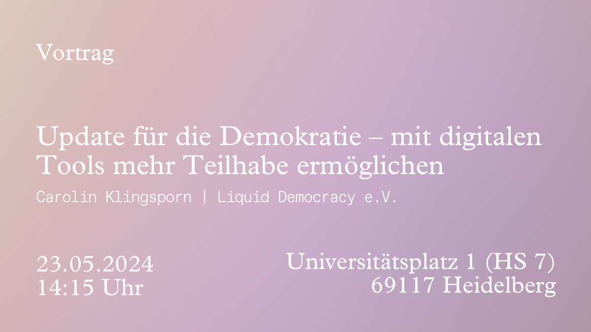Politische  Partizipation soll gerechter, zugänglicher  und digitaler werden – aber wie? In ihrem Vortrag „Update  für die Demokratie – mit digitalen Tools mehr Teilhabe ermöglichen“ auf dem <a href="/HDSymposium/">Heidelberger Symposium</a> gibt Carolin Klingsporn Antworten auf diese und weitere Fragen. Bis morgen!
