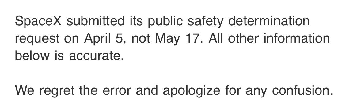 The FAA has corrected the date of submission by SpaceX for the safety determination. Quote below. @NASASpaceflight