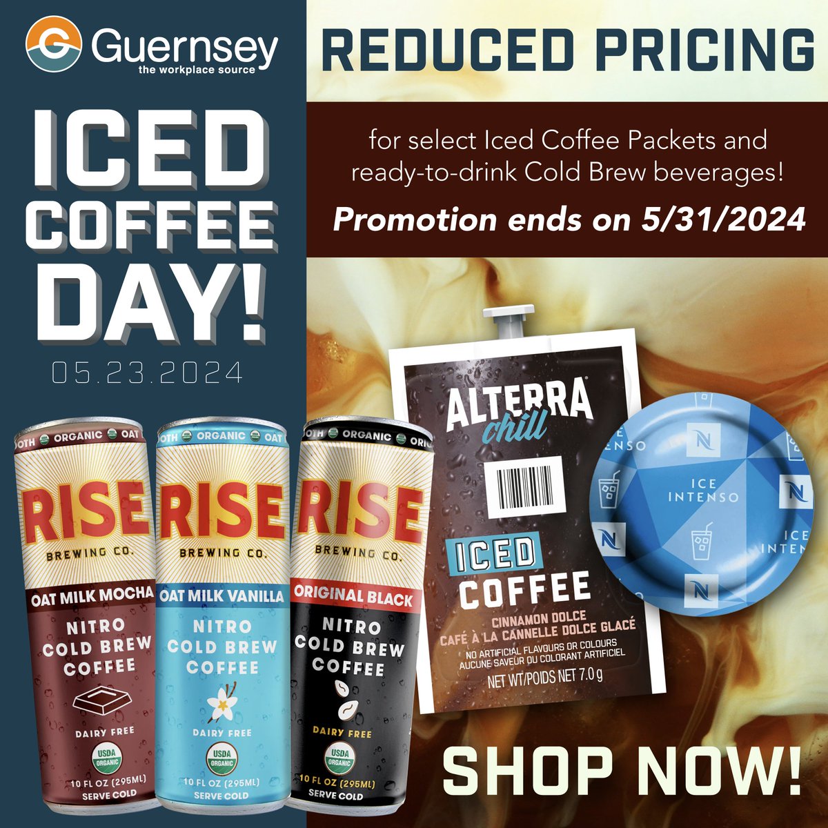 Tomorrow is Iced Coffee Day (5/23)! @buyguernsey is offering reduced pricing for select Iced Coffee and ready-to-drink Cold Brew drinks until 5/31. Bring the cool to your breakroom today! tinyurl.com/2hep2ptt #BuyGuernsey #RiseBrewingCo #Flaviacoffee #NespressoCoffee