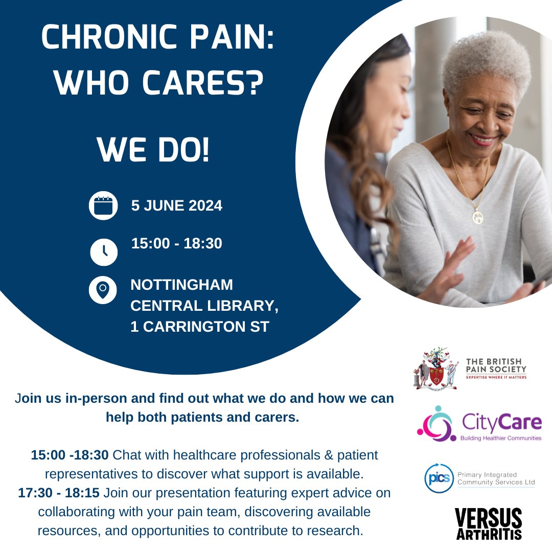 Do you live with chronic pain? Come and hear from @BritishPainSoc and partners @VersusArthritis @pics_primary @UoNPainCentre and @ncitycare about support available to you, at a drop-in stall and talk at Nottingham Central Library. 📅 Wednesday 5th June, 3pm-6.30pm