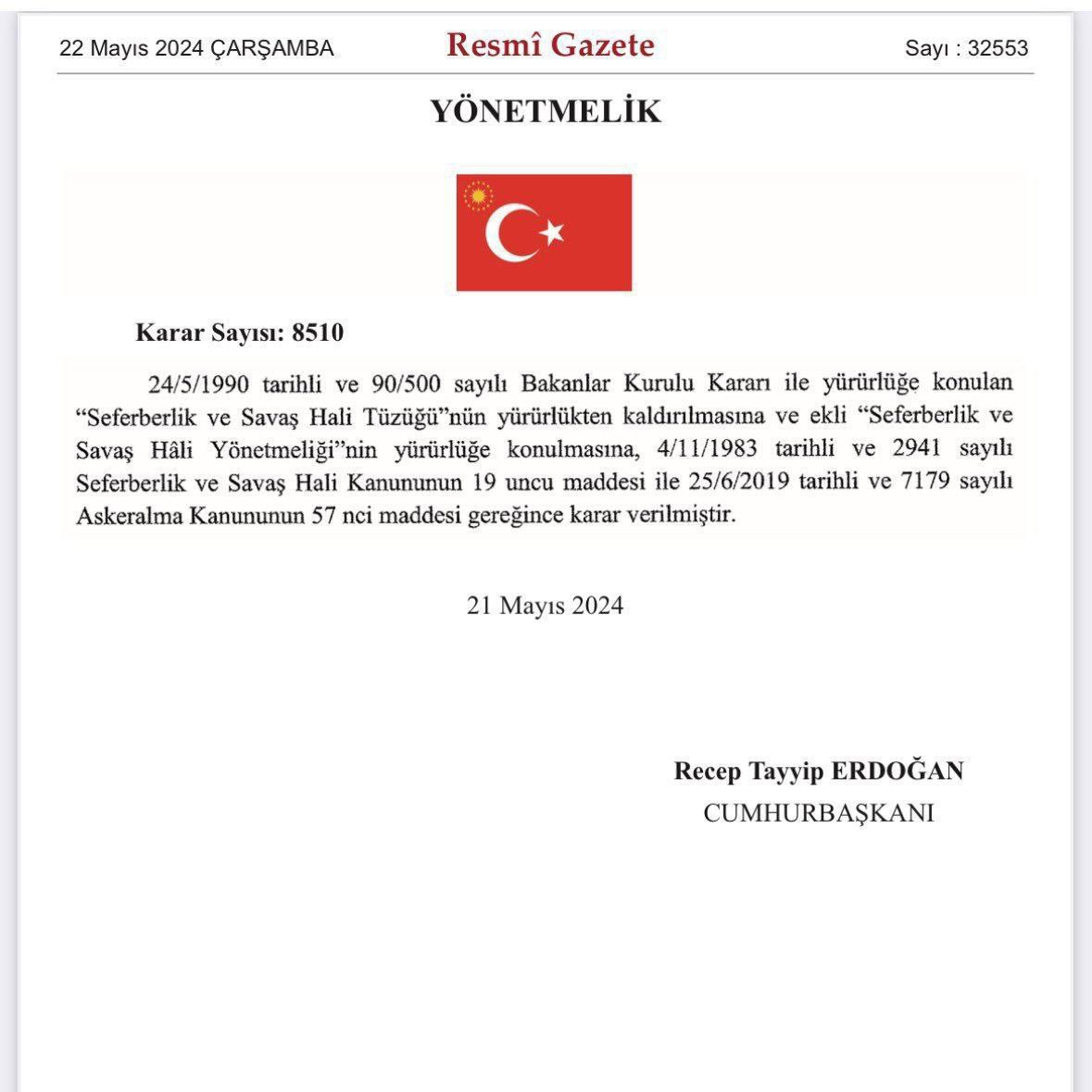 Resmi Gazete'de yayımlanan karara göre, 'Başkanlık Sistemine' uygun olarak düzeltilen 'Seferberlik Ve Savaş Hali İlan Etme' yetkisi Bakanlar Kurulu'ndan Cumhurbaşkanı'na devredildi.