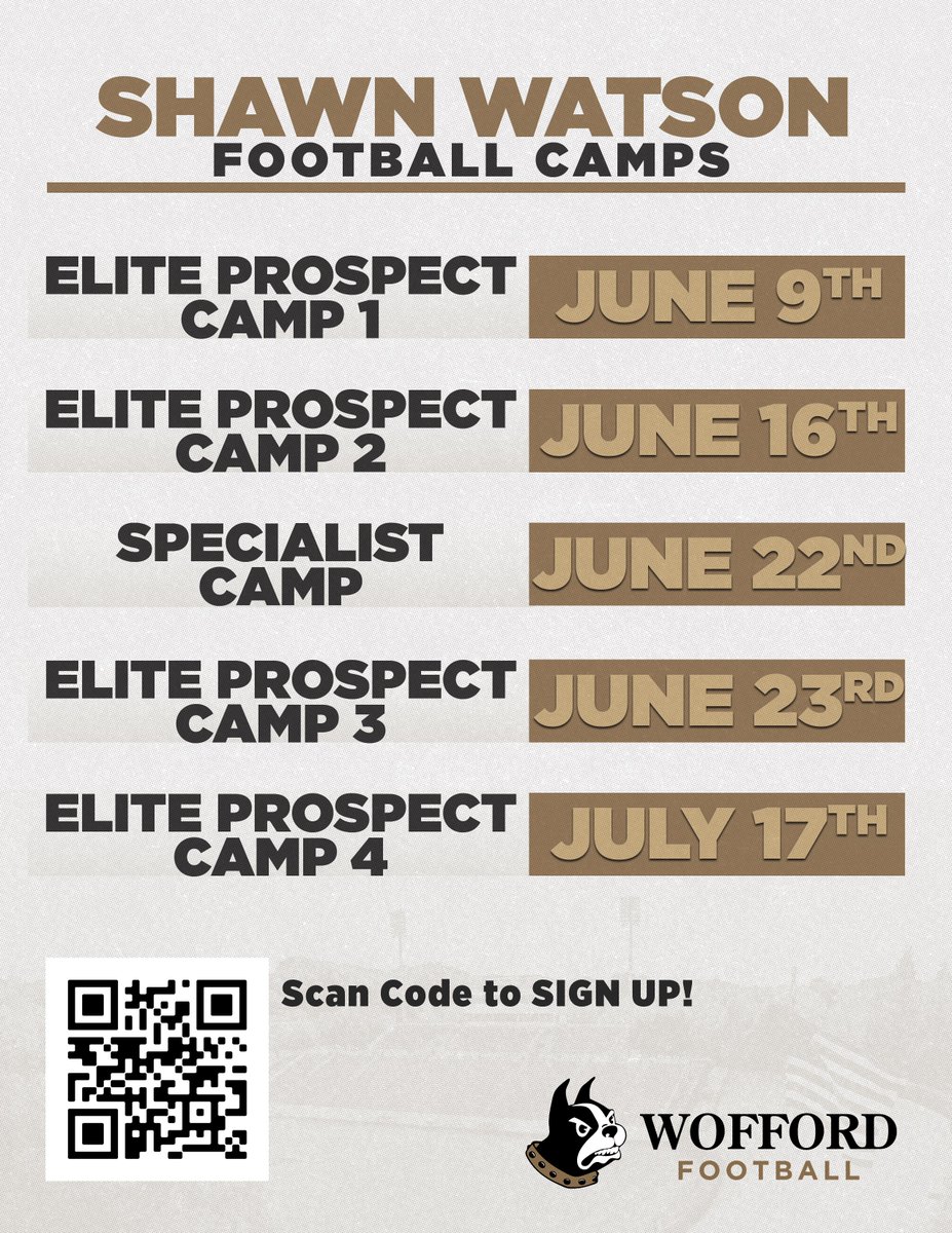 TOUGH, SMART, DEPENDABLE COME JOIN US <a href="/Wofford_FB/">Wofford Football</a> FOR PROSPECT CAMP. 

CLICK THE LINK BELOW ⤵️ SIGN UP TODAY!