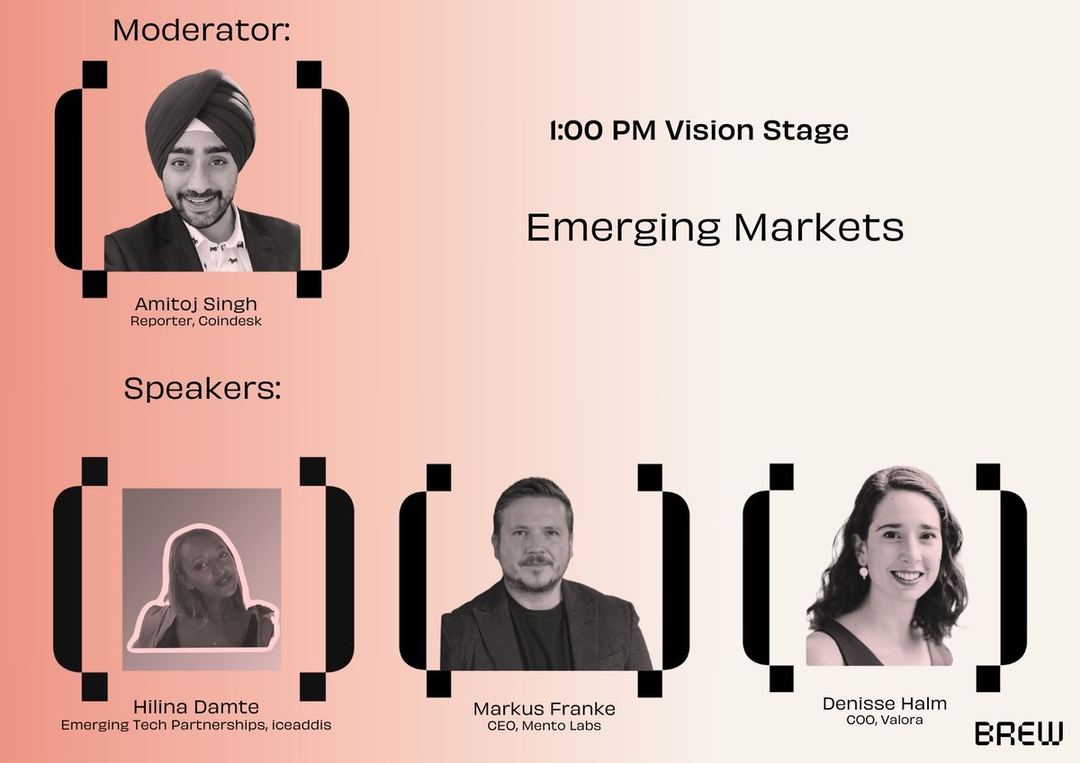 What's going on in Emerging Markets? Join us for this panel with @MarkusMento from @MentoLabs @deni__ssita from @Valora and Hilina Damte @decentralizeEA moderated by @amitoj from @CoinDesk tomorrow at 1:00 pm on our Vision Stage 👀👀👀
