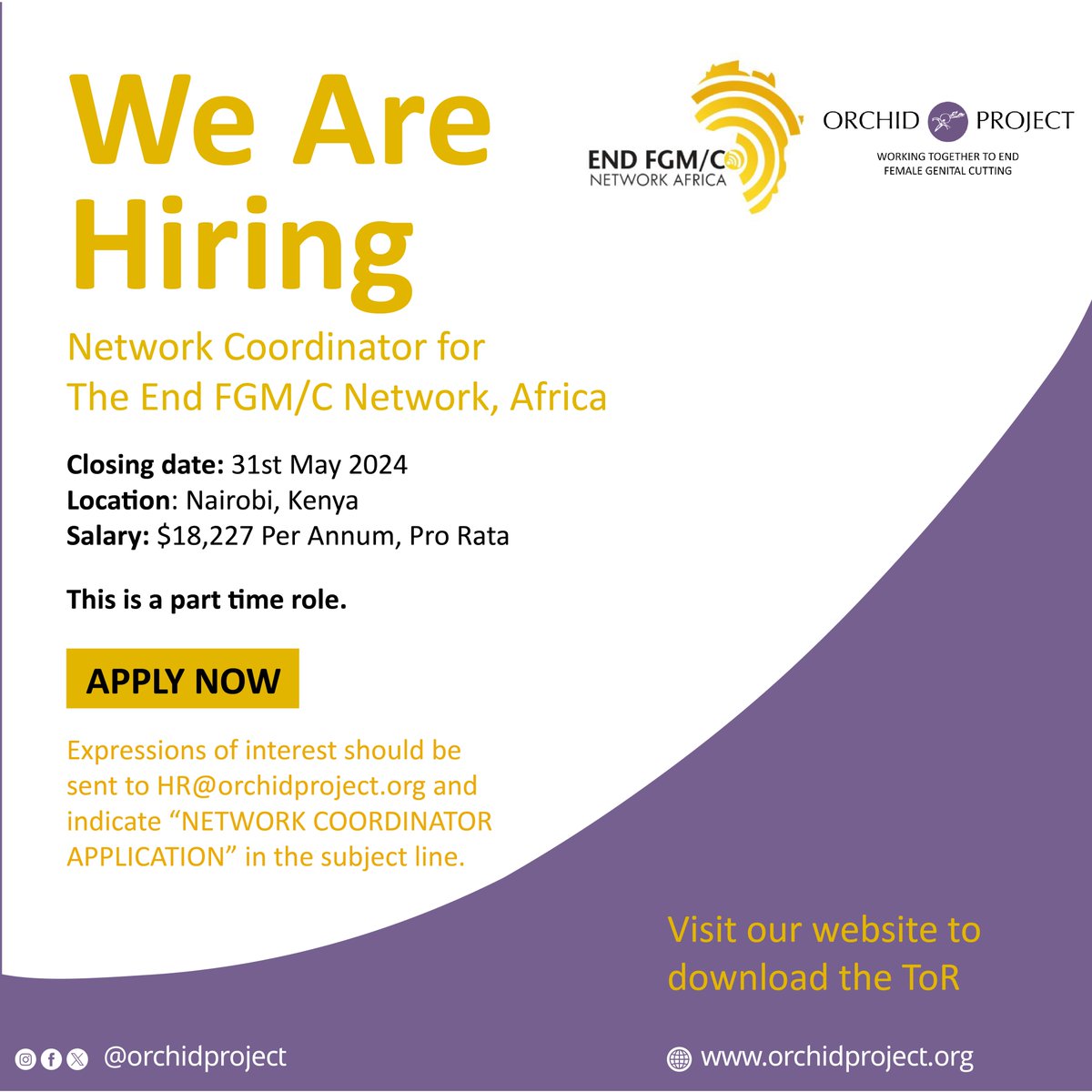 📢We're hiring! The End FGM/C Network, Africa is looking for a Network Coordinator in Nairobi, Kenya! If you have experience in advocacy and project management, apply by 31st May 2024. Visit our website to download the ToR: orchidproject.org/get-involved/j… #EndFGMC #IkoKaziKe