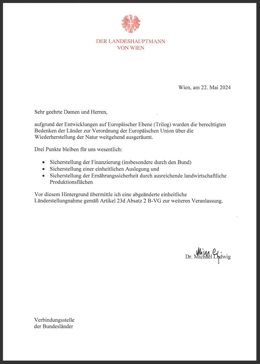 Für mich ist ganz klar: Wien ist für eine Zustimmung Österreichs zur EU-Verordnung über die Wiederherstellung der Natur! Deshalb habe ich gerade einen neuen Vorschlag für eine einheitliche Stellungnahme der Bundesländer eingebracht.