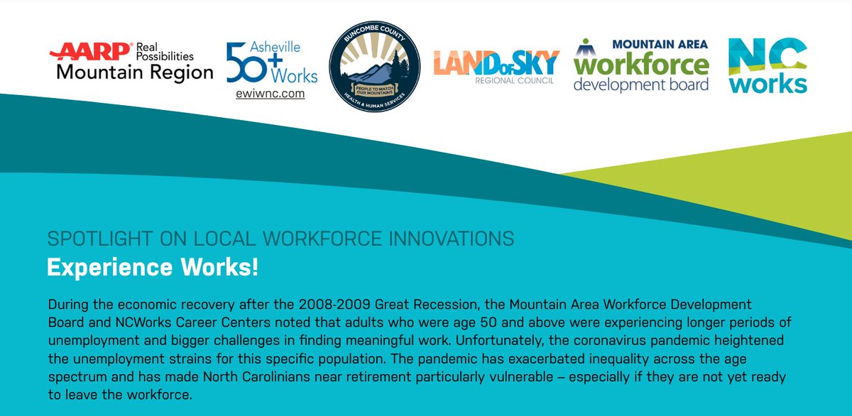 Today's #OlderAmericansMonth spotlight is on the Experienced Workforce Initiative in #WesternNC. The EWI supports and promotes the engagement of adults aged 50+ in volunteer work, stipend-based training, part + full-time employment, and entrepreneurship:
commerce.nc.gov/experienced-wo…