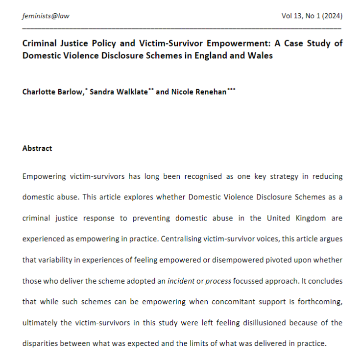@Marian_Duggan <a href="/CharlotteBarl88/">Charlotte Barlow</a> By centralising victim-survivor voices,  <a href="/CharlotteBarl88/">Charlotte Barlow</a>,  Sandra Walklate and <a href="/nikitarenee37/">Dr Nicole Renehan</a> explore the degree to which victim-survivors experienced Domestic Violence Disclosure Schemes as empowering.