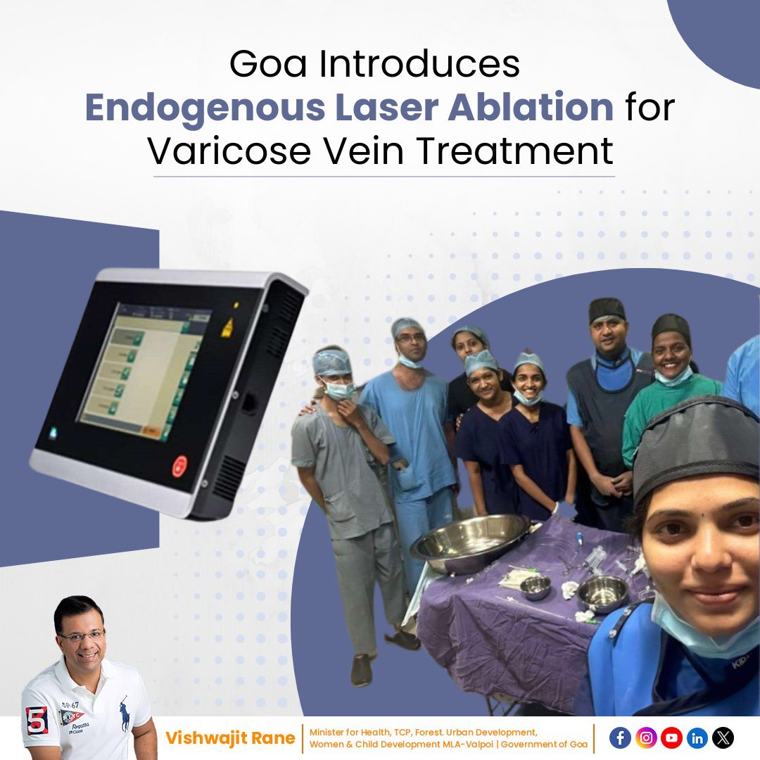 Available at @GoaGmc, Endogenous Laser Ablation represents cutting-edge technology for the treatment of varicose veins. This minimally invasive procedure involves creating a 2mm incision in the vein below the knee joint and using a laser fiber to heat the veins to 120 degrees.
