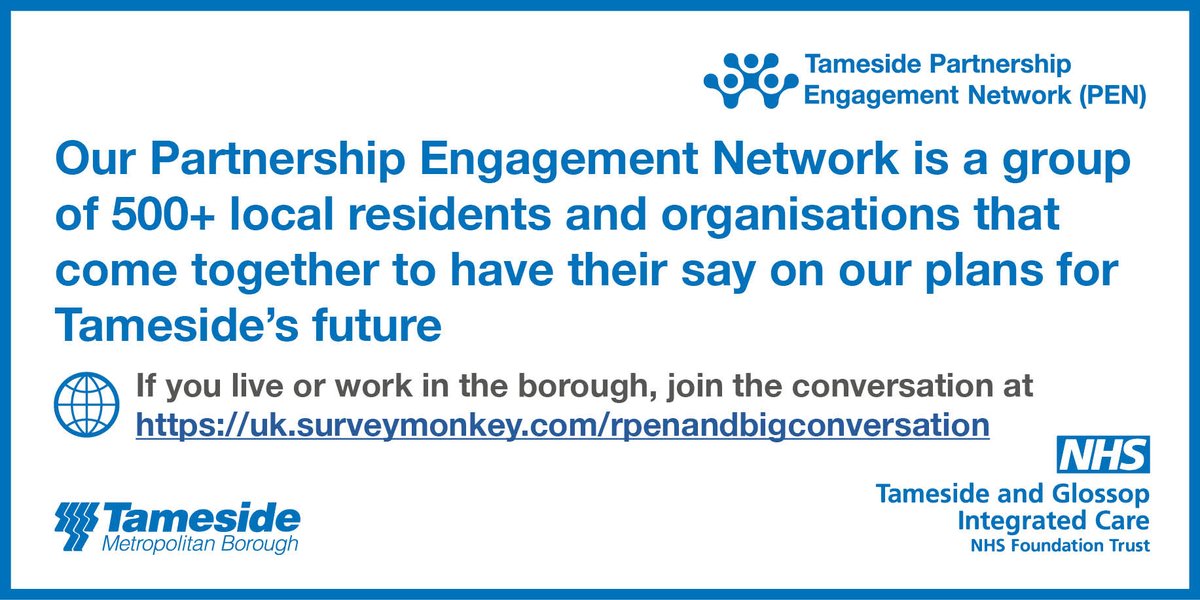 We’ve got ambitious plans for Tameside over the next year, and we want you to be a part of them 💙 Join the conversation by signing up for the Partnership Engagement Network and make your voice heard. Have your say at👇 uk.surveymonkey.com/r/penandbigcon… #ProudTameside #HaveYourSay