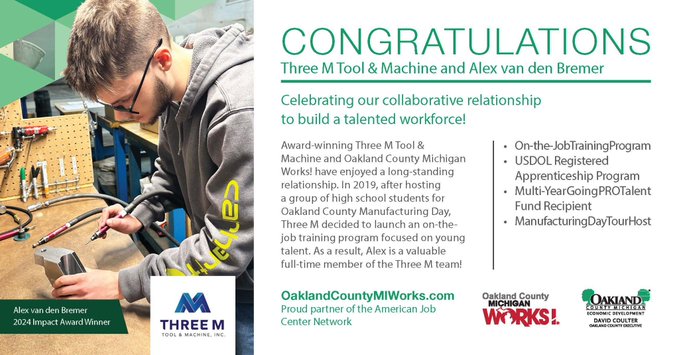 NEWS RELEASE: Three M Tool & Machine Honored for Developing Youth Talent

Read #OaklandCounty release: bit.ly/4bqyBjq.