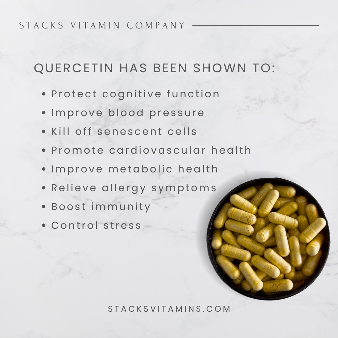 Quercetin benefits:

• protects cognitive function
• improves blood pressure
• kills senescent cells
• cardioprotective
• improves metabolic health
• relieves allergy symptoms
• boosts immunity
• helps control stress