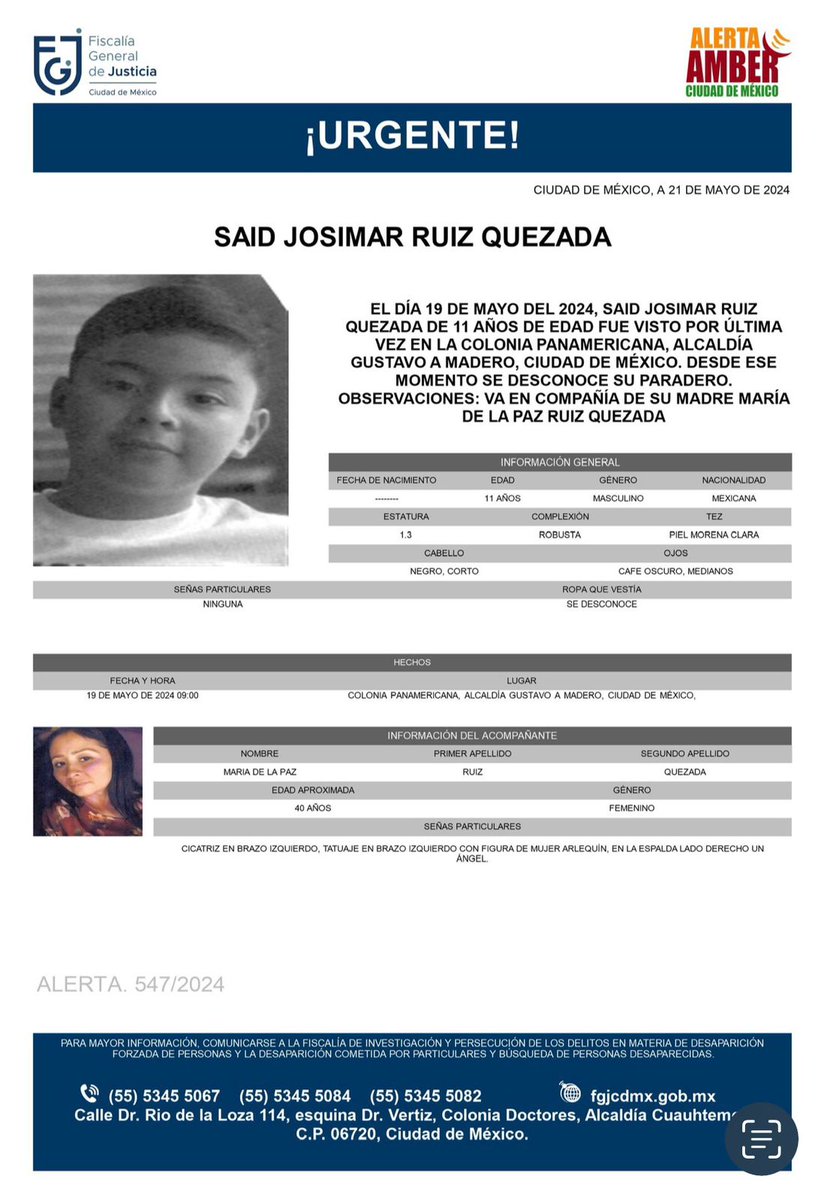 Se activa #AlertaAmber para localizar al menor de 11 años de edad, de nombre Said Josimar Ruiz Quezada, fue visto por última vez, el día 19 de mayo de 2024 en la colonia Panamericana alcaldía Gustavo A. Madero