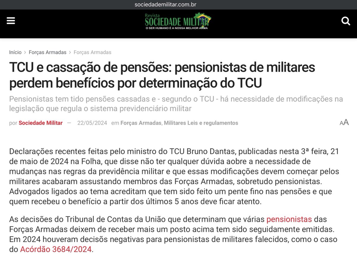 TCU no governo lula está cassando pensões de militares.