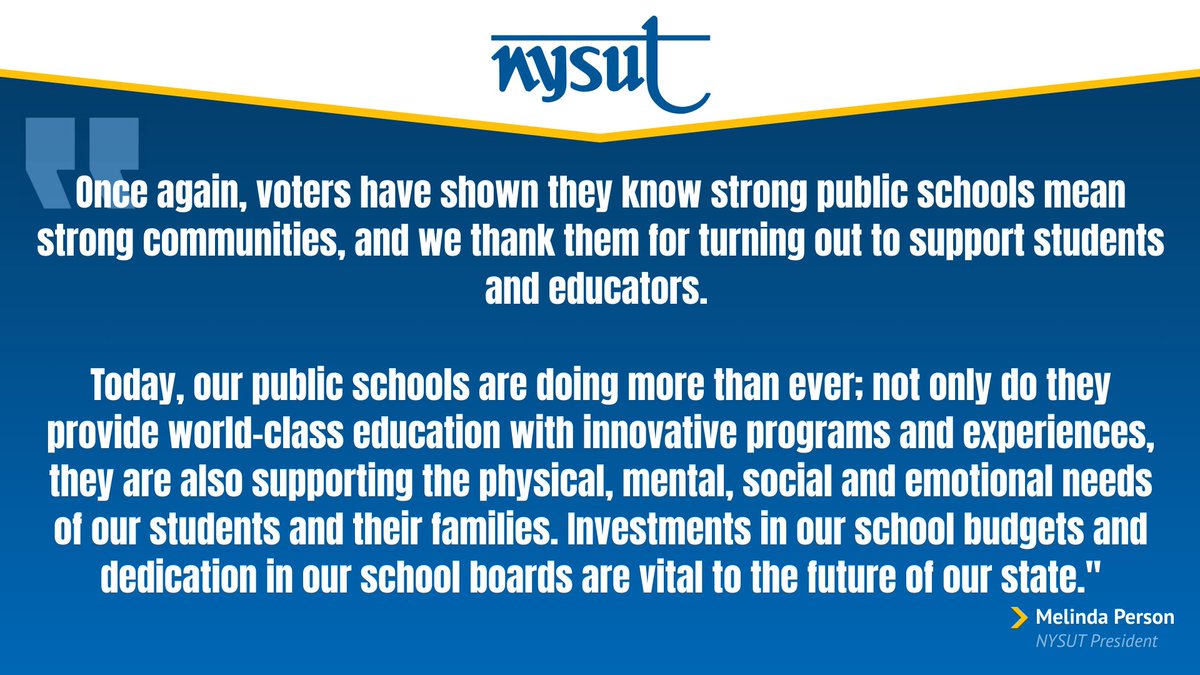 After voters across the state turned out to approve their school budgets and elect endorsed school board members, NYSUT President @MelindaJPerson released a statement. To read our full release, please visit: nysut.org/news/2024/may/…