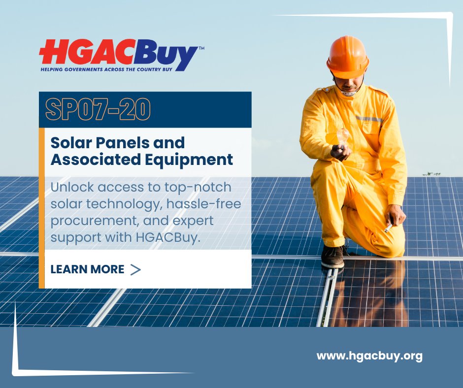 Power up your sustainability goals with HGACBuy's SP07-20 Solar Panel Contract! Our vendors offer cost-effective, quality-assured solutions for a brighter future. Explore this contract now: hgacbuy.org/contracts/docu…
#Sustainability #CooperativePurchasing #GovernmentProcurement