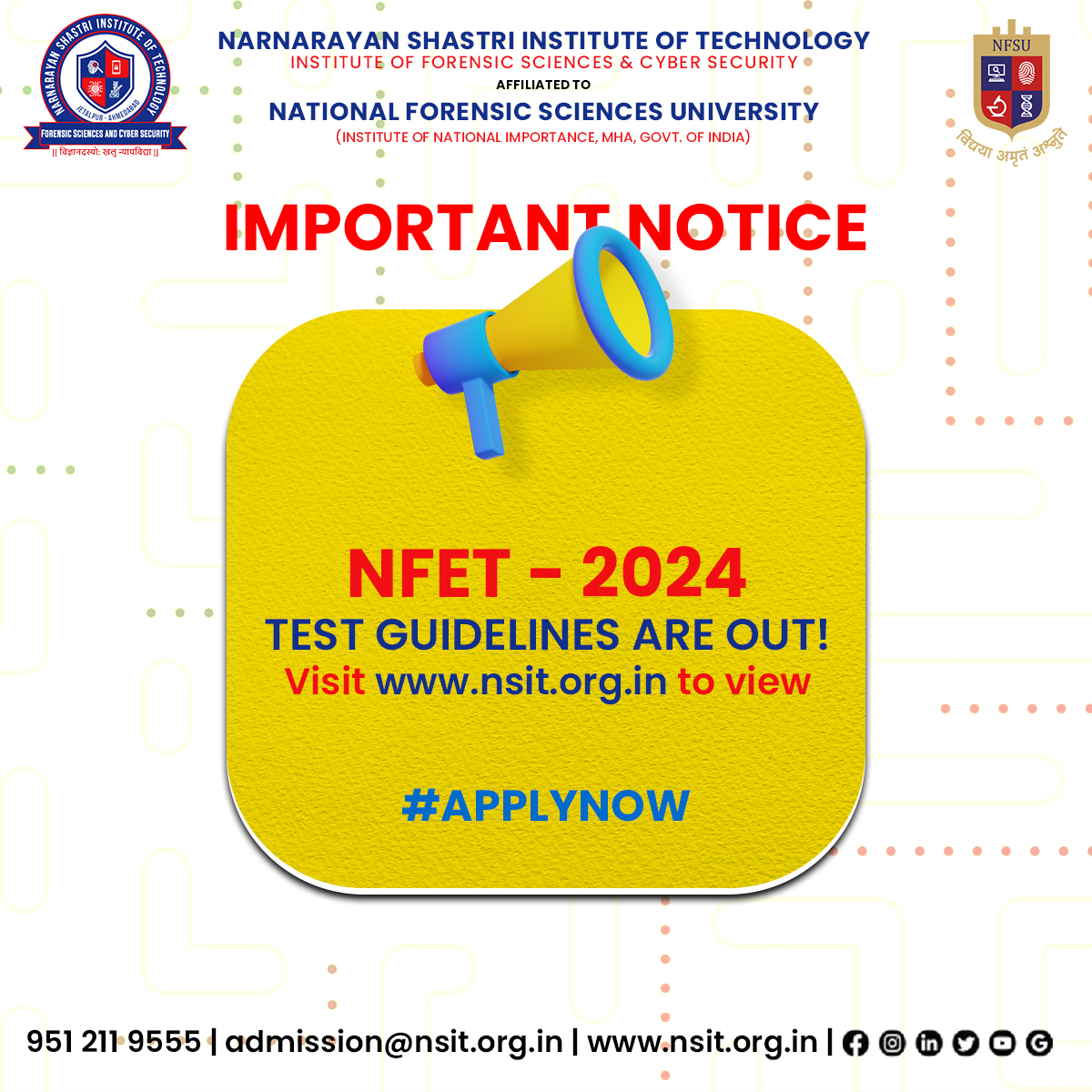 Important Notice Alert 🔔

NFET - 2024 Test Guidelines are Out! Visit nsit.org.in to view.

#nsit #nsitjetalpur #digitalforensics #cybersecurity #ForensicScience #forensics #ahmedabad #AdmissionOpen #ifscs #security #technology #cybercrime #privacy #college #student