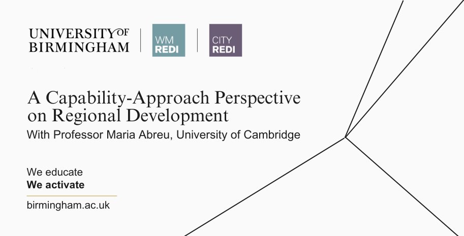 There's not long to go until our next guest seminar! 

Join Professor Maria Abreu tomorrow at 15:00 for a hybrid seminar on A Capability-Approach Perspective on Regional Development.

Sign up via TicketTailor - shorturl.at/0cBRP