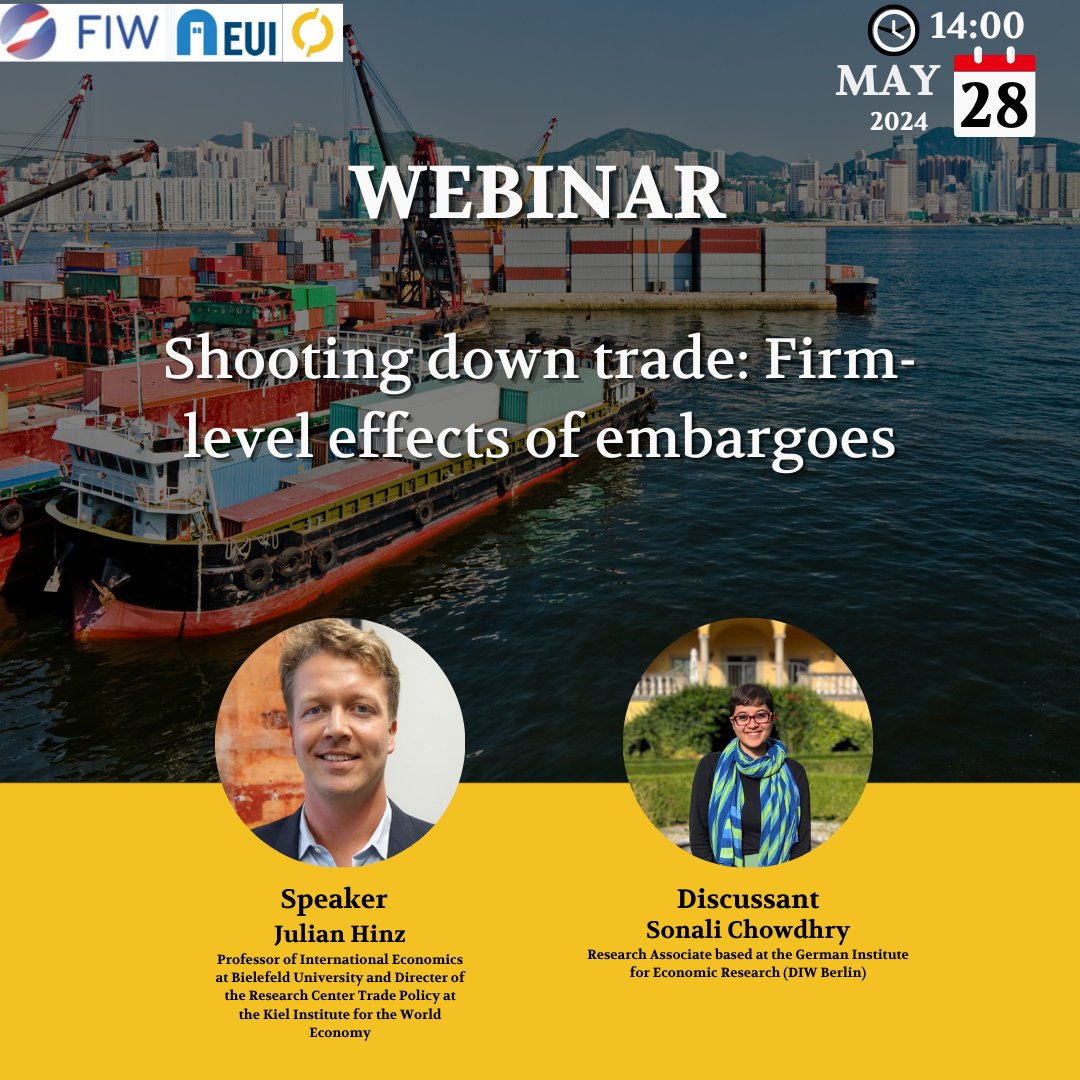 wiiw (@wiiw_ac_at) on Twitter photo On 28 May at 14:00 <a href="/FabioGSanteramo/">Fabio G. Santeramo, PhD</a> will host <a href="/julianhinz/">Julian Hinz</a> & <a href="/Sonali_Chowdhry/">Sonali Chowdhry</a> to present: 'Shooting down trade: Firm-level effects of embargoes' webinar organised by <a href="/wiiw_ac_at/">wiiw</a> <a href="/CentreFiw/">FIW - Research Centre International Economics</a>-<a href="/EUI_EU/">European University Institute</a>
Registration: bit.ly/44QIswa On 28 May at 14:00 <a href="/FabioGSanteramo/">Fabio G. Santeramo, PhD</a> will host <a href="/julianhinz/">Julian Hinz</a> & <a href="/Sonali_Chowdhry/">Sonali Chowdhry</a> to present: 'Shooting down trade: Firm-level effects of embargoes' webinar organised by <a href="/wiiw_ac_at/">wiiw</a> <a href="/CentreFiw/">FIW - Research Centre International Economics</a>-<a href="/EUI_EU/">European University Institute</a>
Registration: bit.ly/44QIswa