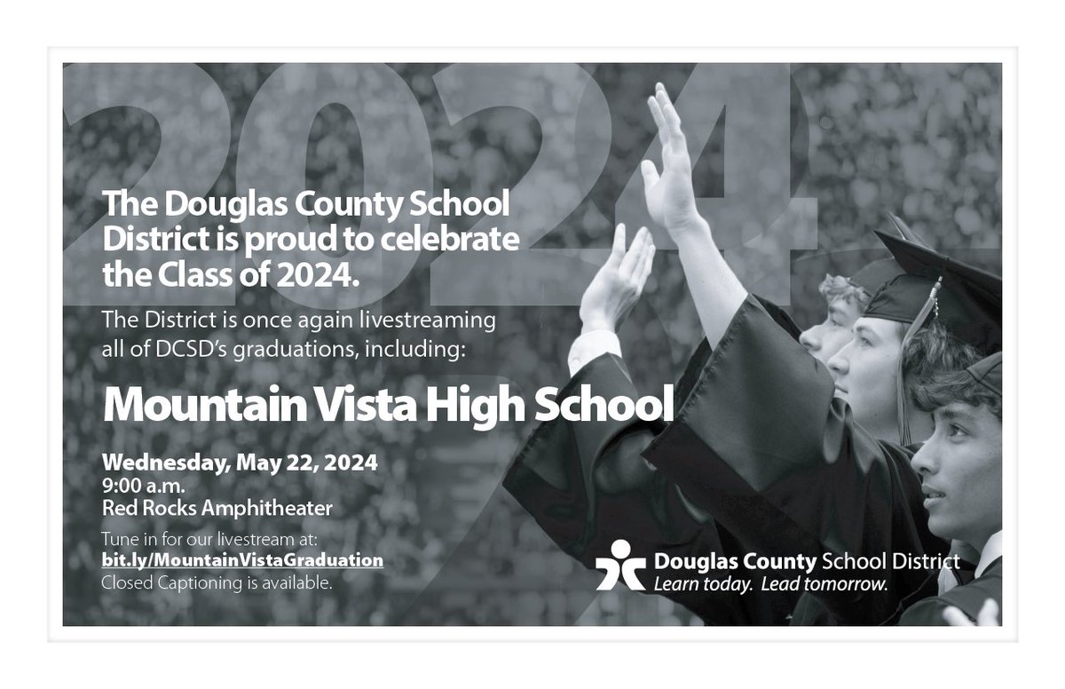 Congratulations Class of 2024 graduates! 🎓 🎉 Starts in one hour! Mountain Vista High School Wednesday, May 22 at 9:00 a.m. Red Rocks Amphitheatre Livestream link: pulse.ly/4ytlgntx4c Find all 2024 Graduation Ceremony information at pulse.ly/szntpelgzi