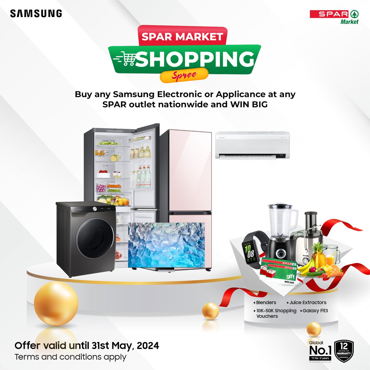 Great news! The Samsung x SPAR Shopping Spree is EXTENDED! From now till May 31st, head to any SPAR outlet nationwide and purchase Samsung Electronics & Appliances for a chance to win incredible gifts worth up to ₦100,000! Terms and Condition apply. #SamsungNigeria
