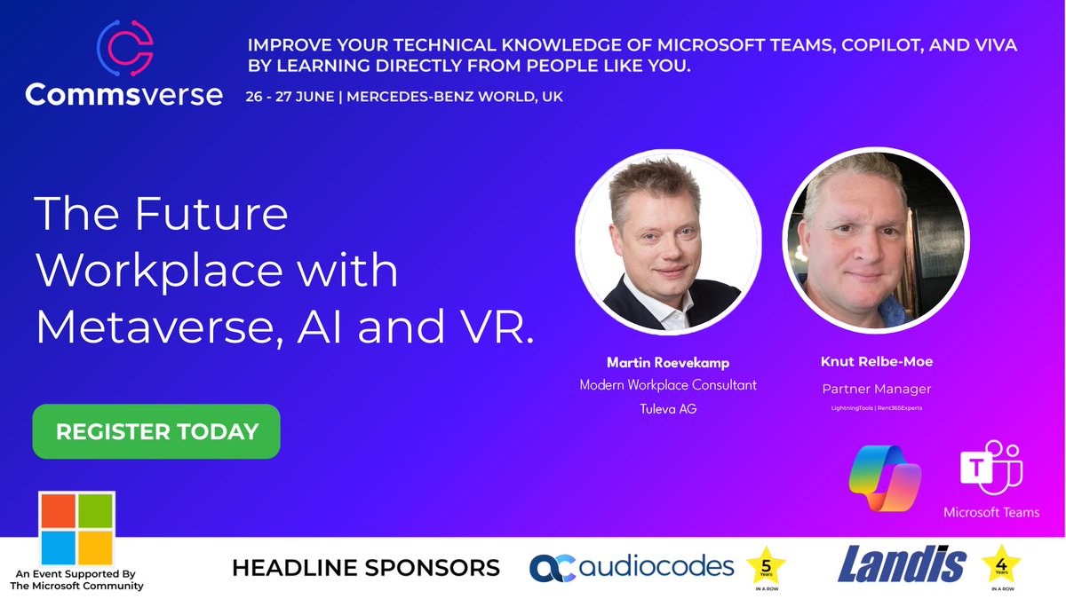 The Future Workplace with Metaverse, AI and VR by Martin Rövekamp and Knut Relbe-Moe at Commsverse 2024 📢 events.justattend.com/events/confere… #commsverse #microsoftteams #techcommunity