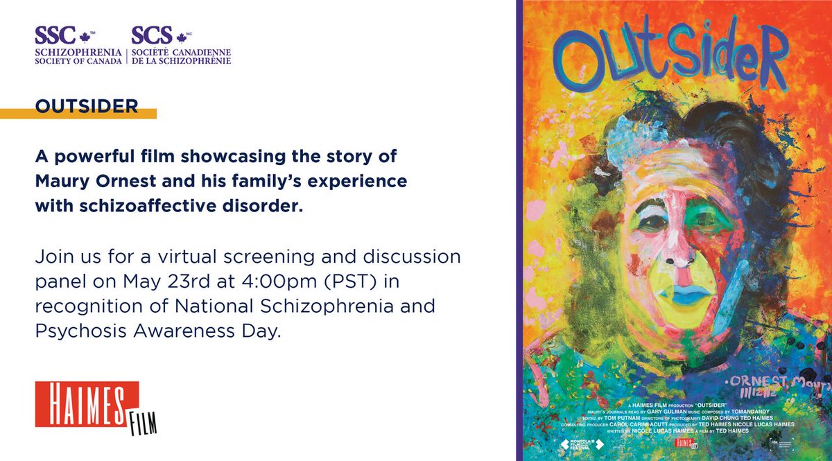 Tomorrow, SSC will be hosting a screening and panel discussion of OUTSIDER to recognize National Schizophrenia and Psychosis Awareness Day, observed on May 24. Join this critical conversation on May 23 at 4PM PST: us02web.zoom.us/j/82192773202?…