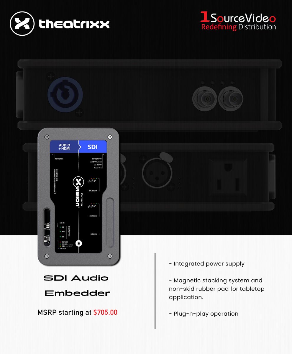 1sourcevideo's tweet photo. The Theatrixx xVision Video Converter with SDI Audio Embedder is designed to be used while on the road!

​#Theatrixx #1SourceVideo #Xvision #embedder #audioembedder #SDI #HDMI #productionsolution #video #audio #filmmaking #videoproduction #distribution #RedefiningDistribution https://t.co/n0UoLq1MmV
