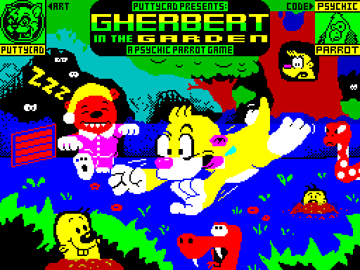 PuttyCAD's tweet image. Loading screen for Gherbert Groundhog 2: Gherbert in the Garden #GherbertInTheGarden #GherbertGroundhog2 #loadingscreen #zxspectrum #8bit #pixelart #puttycad #psychicparrot