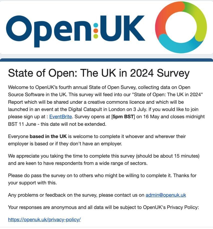 Take 20mins and complete OpenUK's annual survey. docs.google.com/forms/d/1v04Ex… Please help us gather insights and data for our economic analysis of open source software in the UK. Join the report launch event on 3 July at @DigiCatapult to hear the survey output! #openuk #opensource