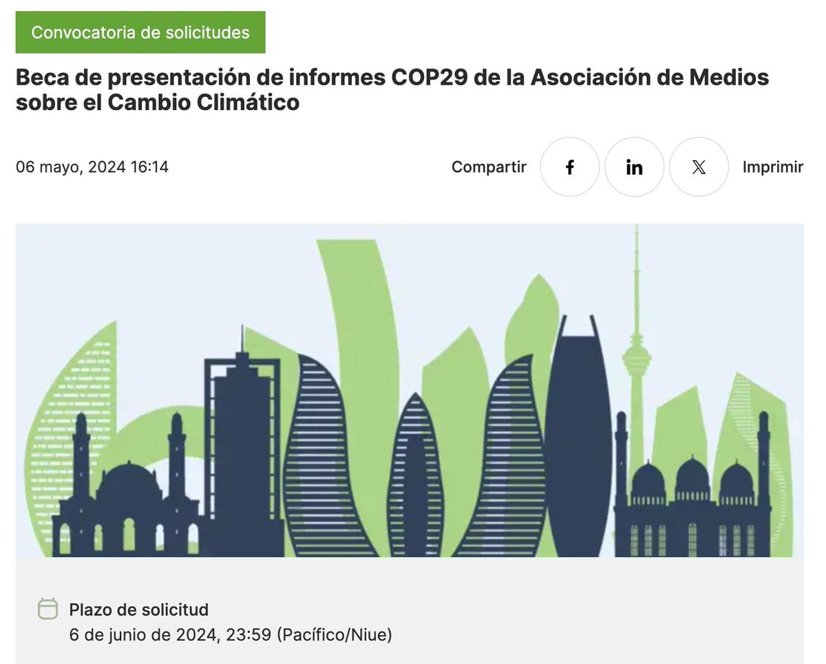 GIJN en Español (@gijnes) on Twitter photo ¿Te interesa cubrir la 29ª Conferencia de las Naciones Unidas sobre el Cambio Climático #COP29?📄🌎
Climate Change Media Partnership, liderada por <a href="/earthjournalism/">Earth Journalism Network</a> de <a href="/Internews/">Internews</a> y <a href="/StanleyConnect/">Stanley Center for Peace and Security</a>, anunciaron becas.
Se realizará del 11 al 22 de noviembre buff.ly/44A1gzZ ¿Te interesa cubrir la 29ª Conferencia de las Naciones Unidas sobre el Cambio Climático #COP29?📄🌎
Climate Change Media Partnership, liderada por <a href="/earthjournalism/">Earth Journalism Network</a> de <a href="/Internews/">Internews</a> y <a href="/StanleyConnect/">Stanley Center for Peace and Security</a>, anunciaron becas.
Se realizará del 11 al 22 de noviembre buff.ly/44A1gzZ