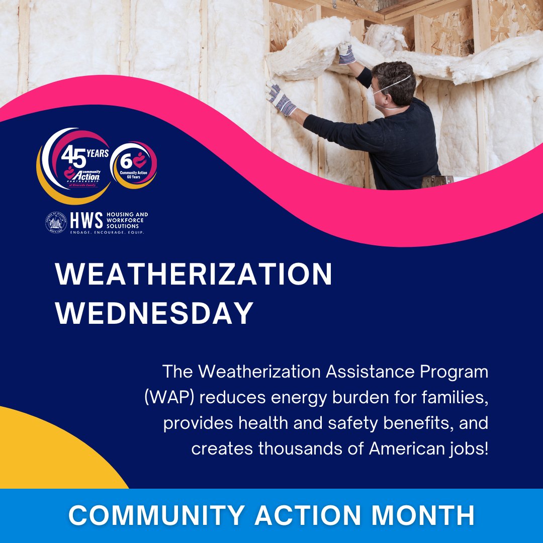 Across the country, more than 500 #CommunityAction Agencies operate a #Weatherization Assistance Program – helping families save money on utilities by making homes more energy efficient.
#WeatherizationWednesday #CommunityActionMonth #60YearsStrong #CAPRiverside #RivCoNOW