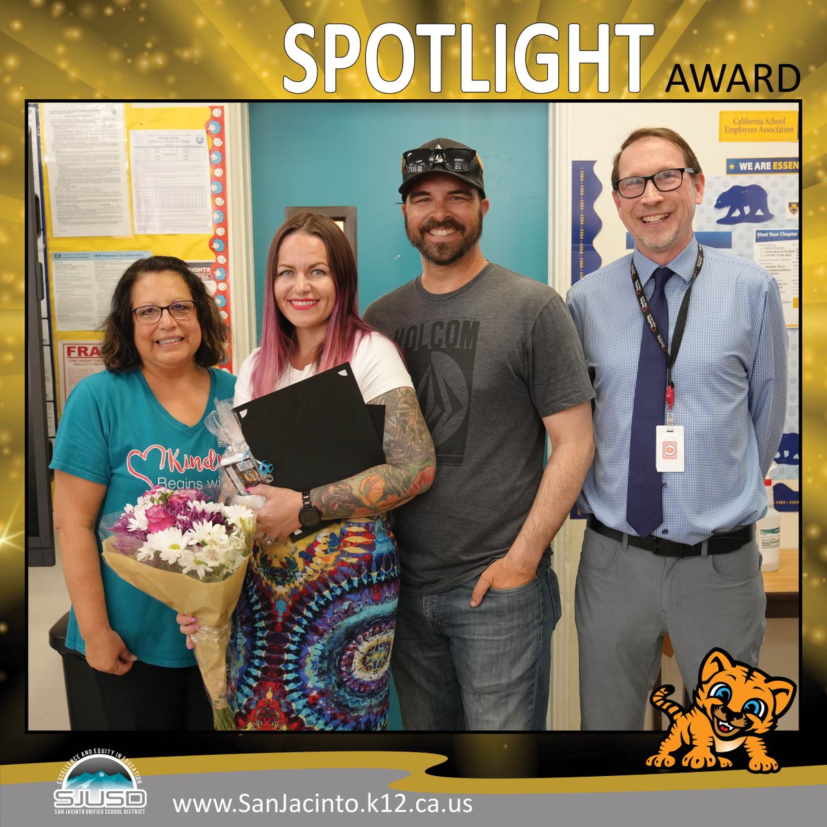 SanJacintoUSD's tweet photo. Congratulations to Office Clerk Courtney Cox-Bracken, the 2024 Preschool SPOTLIGHT AWARD recipient.  Awards are given to new employees who are already proving to be dedicated and hardworking. A book was given, in her honor, to the San Jacinto Elementary Preschool library. https://t.co/TIv25HfQCP