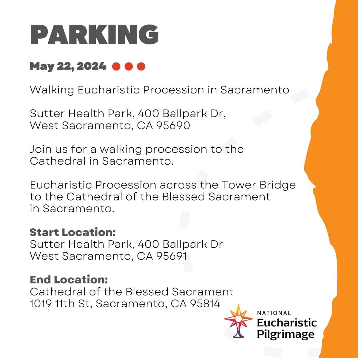 Today at 11AM! Join Bishop Soto for a Eucharist Procession across the Tower Bridge to the Cathedral of the Blessed Sacrament on Day 2 of the St. Junípero Serra route in Sacramento, CA. 🅿️ Parking Details below! ☀️ Weather Update: 73° and Sunny! Don't miss out on the