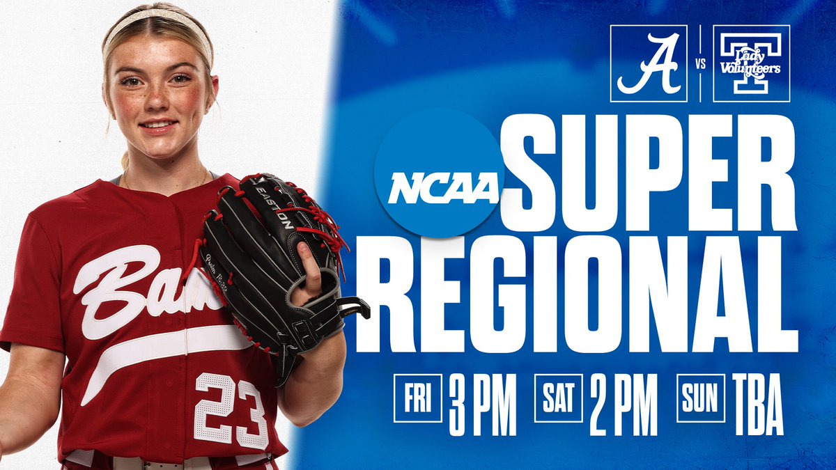 On to Knoxville for Super Regionals! ▪️Friday, May 24 - 3 pm CT - ESPN2 ▪️Saturday, May 25 - 2 pm CT - TBD ▪️Sunday, May 26 - TBD - TBD #Team28 #RollTide