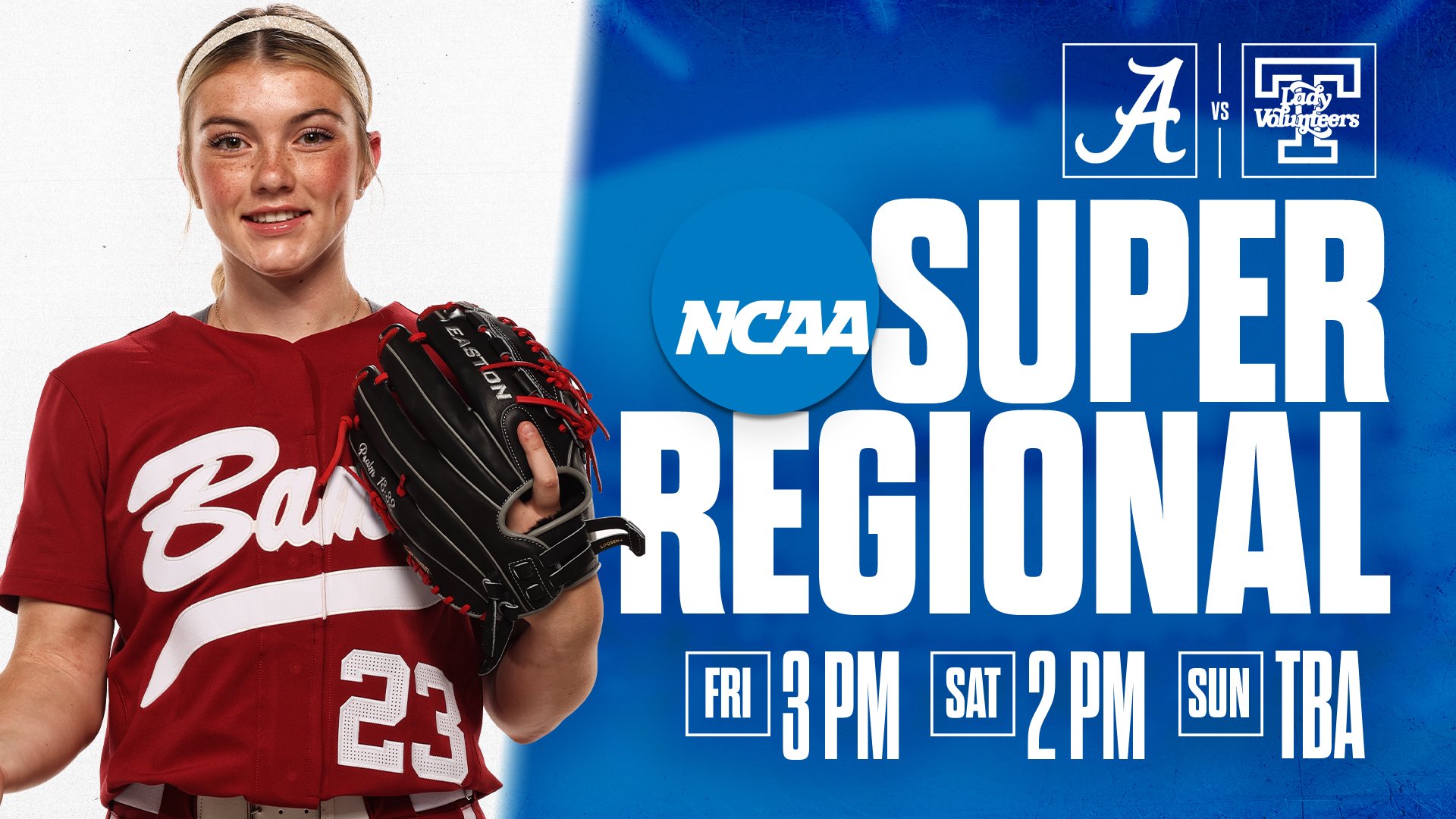 Alabama Softball on X: "On to Knoxville for Super Regionals! ▪️Friday, May  24 - 3 pm CT - ESPN2 ▪️Saturday, May 25 - 2 pm CT - TBD ▪️Sunday, May 26 -  TBD - TBD #Team28 #RollTide https://t.co/joqxVVEagG" / X