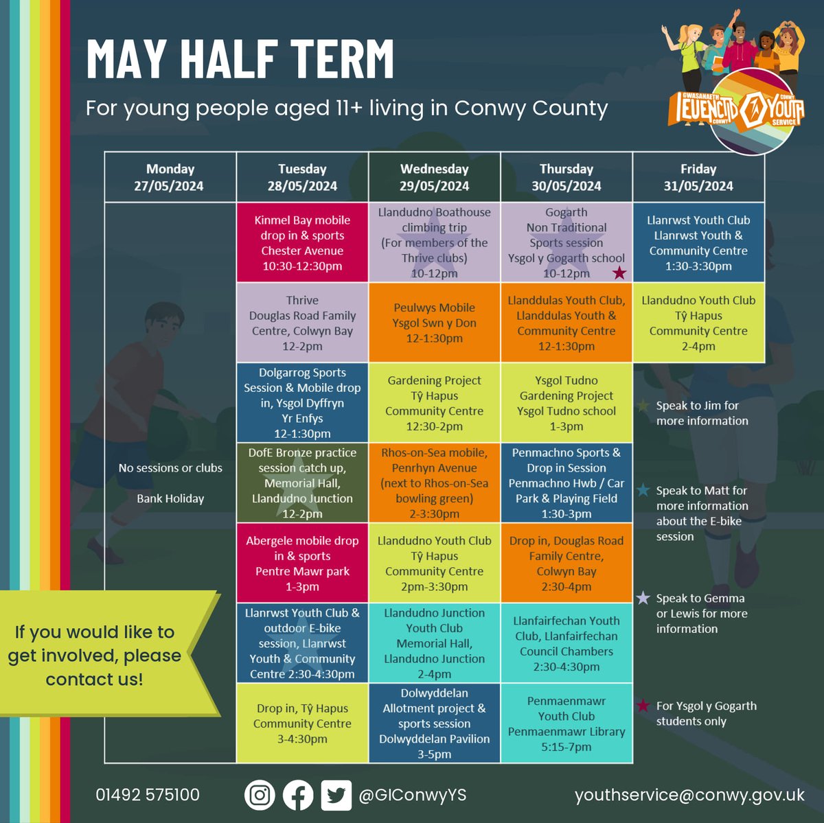 Here is the May half term programme of events/activities offered by @GIConwyYS. All sessions, trips and clubs are completely free to young people aged 11+, and will include food and drinks 📞 01492 575100 ✉️ YouthService@conwy.gov.uk