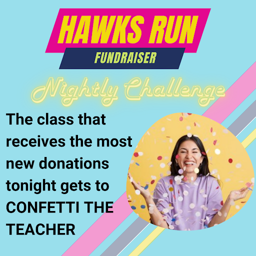 KestrelHeights's tweet photo. TWO MORE DAYS until the Hawks Run!  Has your class met its fundraising goal yet?? The class that receives the most new donations TONIGHT gets to CONFETTI POP THEIR TEACHER! There’s still time to register and start earning prizes!  Visit https://t.co/qrcClM9nMz to get started. https://t.co/NRfuAFMfkH