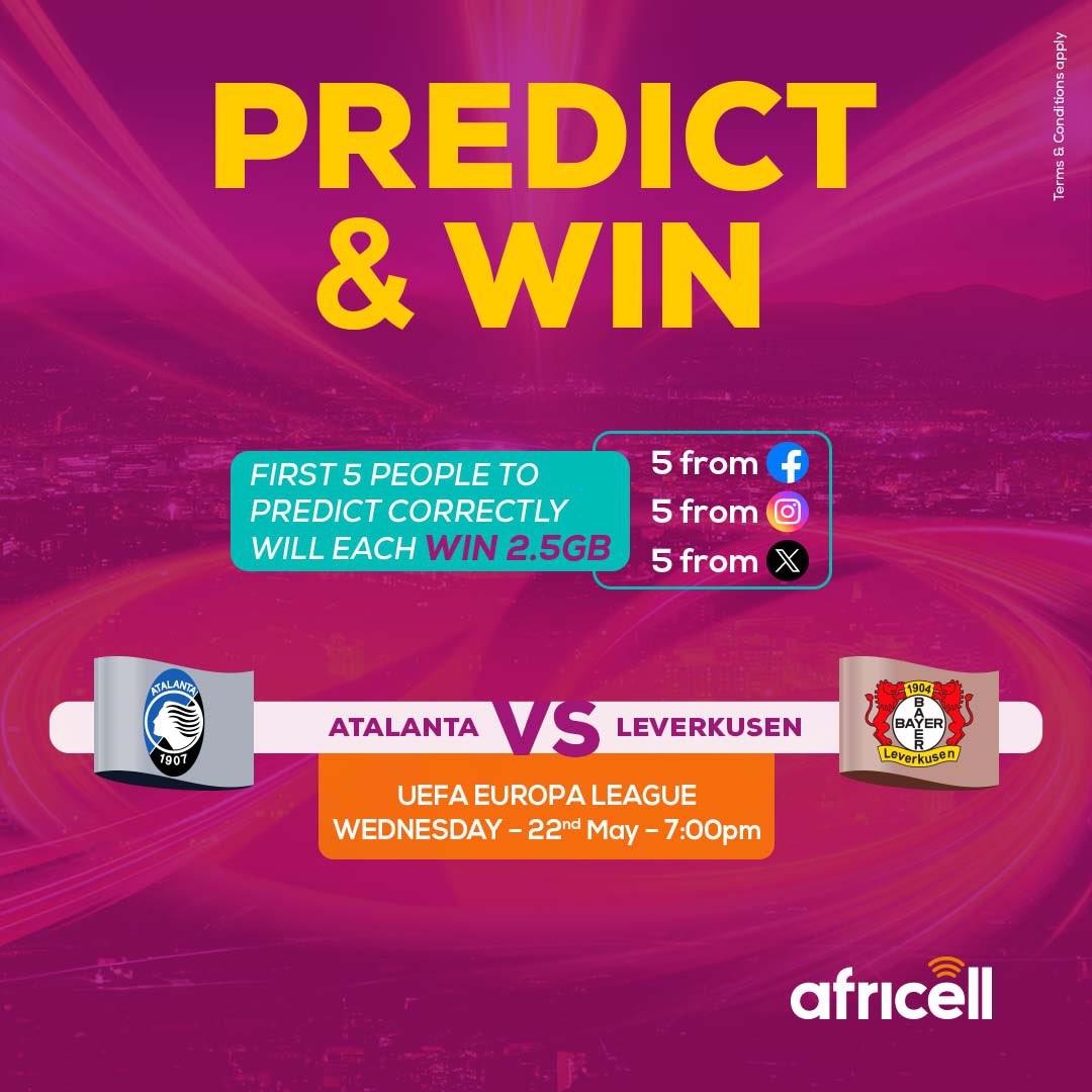 It’s the final match of the UEFA Europa League🏆. Who will lift the trophy❓

Predict correctly the outcome of this match, and you could get a FREE 2.5GB Data📲 .

5 winners each will be selected from Facebook, Instagram, and X (Twitter)💡.

T&C Apply🙏🏾.

#SaloneTwitter
#SaloneX