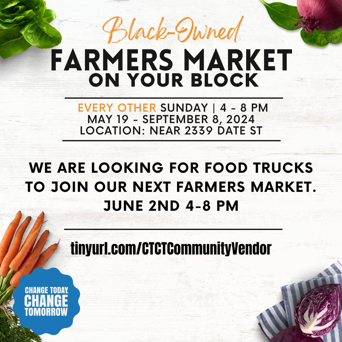 We are looking for food trucks to join our next Black-Owned Farmers Market on June 2nd from 4-8 PM. Visit tinyurl.com/CTCTCommunityV… to sign up. Tag your favorite food truck below!