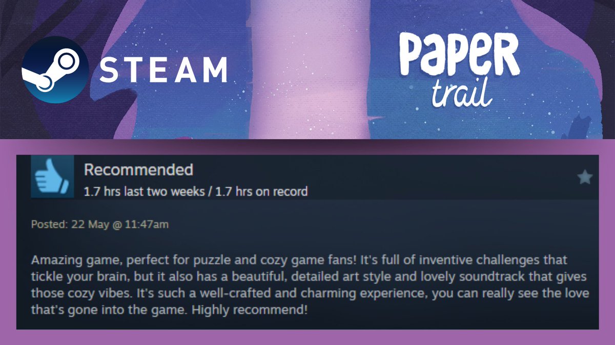 NewfangledGames's tweet photo. The Steam reviews for Paper Trail have started to come in! 👀 It's nerve-wracking but so exciting to see what everybody thinks of it 😅🥰

"you can really see the love that's gone into the game. Highly recommend!"

#PaperTrailGame #Steam #SteamReview @steam https://t.co/b7SNdOKi4s