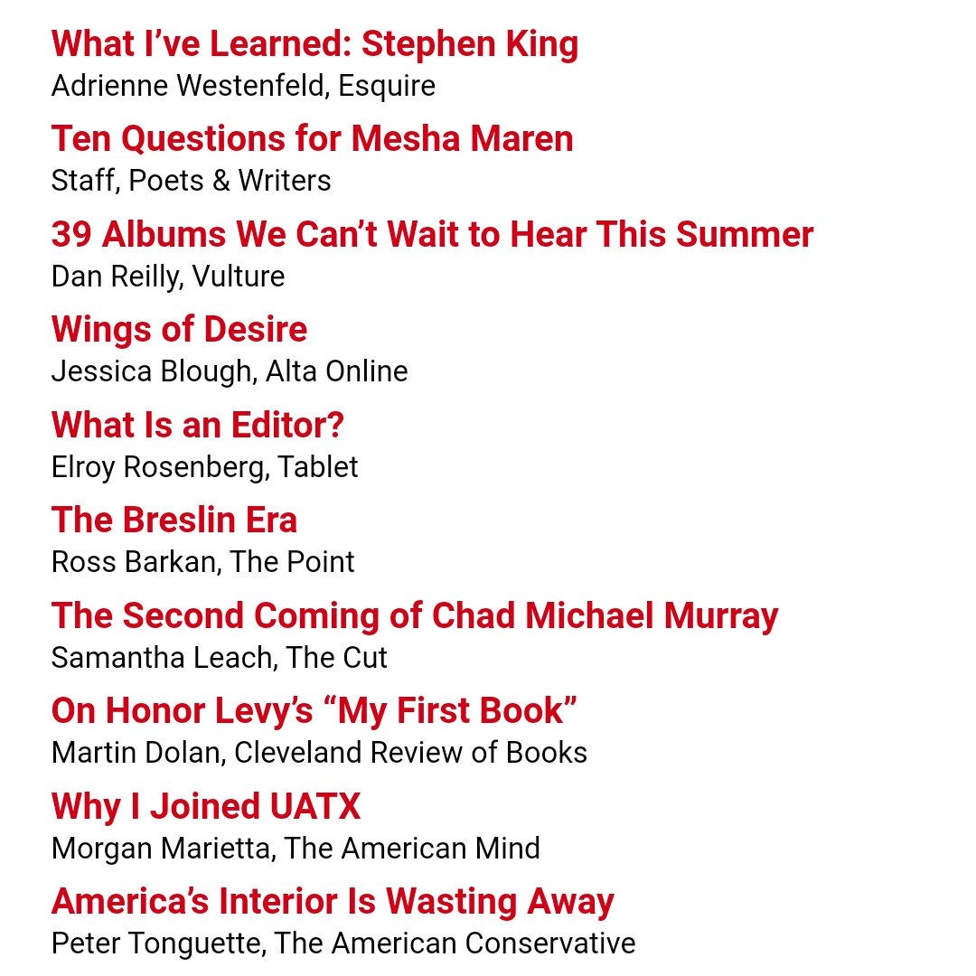 RealClearBooks's tweet photo. https://t.co/rA1aCzBFGb
Wednesday reads: @adriennemwest for @esquire, @jessjblough for @AltaJournal, @RossBarkan for @the_point_mag, @_sleach for @TheCut, @dolanmart_in for @clereviewbooks, an interview with @MeshaMaren for @poetswritersinc, and many others. https://t.co/YyEuJ3kLbU