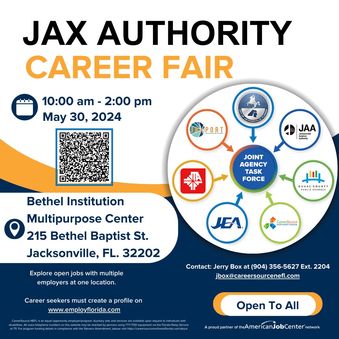 Join Us for the Jax Authority Career Fair on Thursday, May 30, 2024, from 10 a.m. to 2 p.m. 
Location: Bethel Institution Multipurpose Center, 215 Bethel Baptist St, Jacksonville
Learn more and view all events at bit.ly/3Lyi3rN
@JaxJobs @CityofJax  @nefljobs @JTAFLA