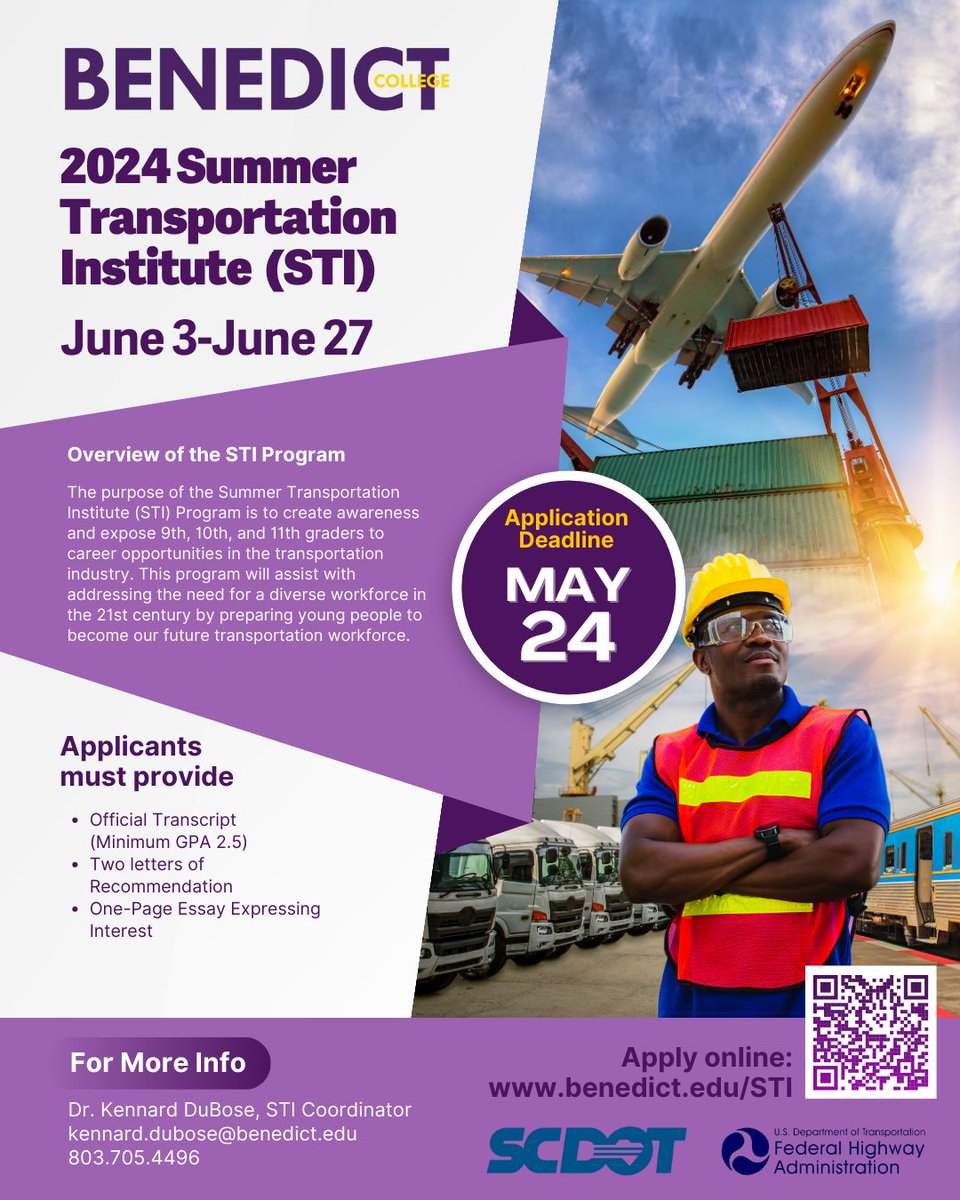The Benedict College 2024 Summer Transportation Institute is June 3 - June 27, 2024. Slots are limited. Apply online: buff.ly/4auW69M. (Application deadline: May 24, 2024)
