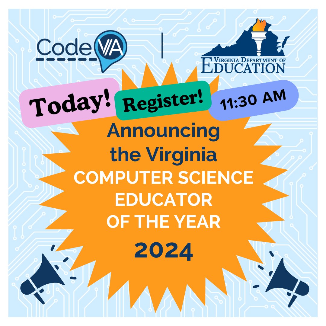 TODAY at 11:30AM EDT! We're celebrating excellence in CS Education - Join us for the *2024 CS Educator of the Year* LIVE VDOE Webinar Announcement - Registration required. Link in BIO