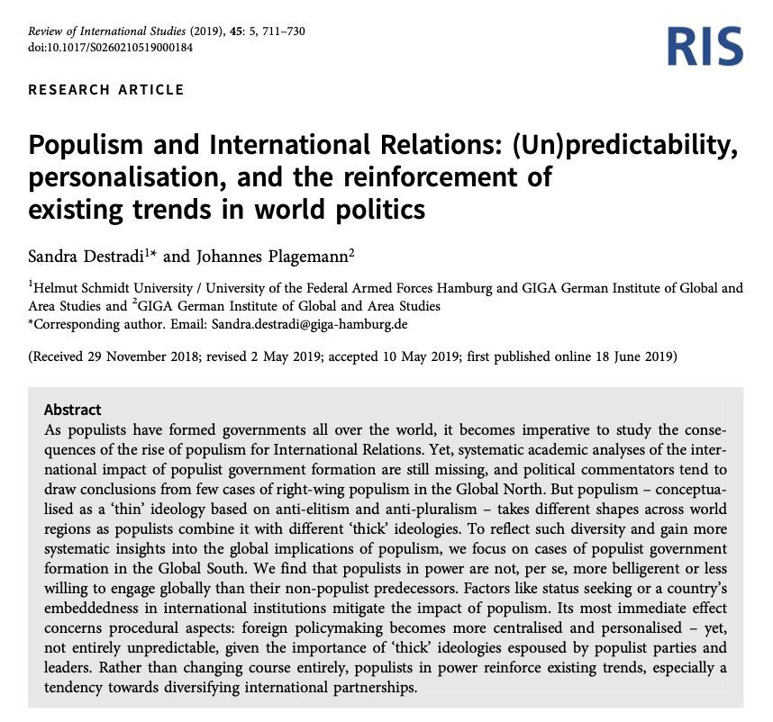 As we continue on this super election year, it's worth revisiting this 2019 article by @SDestradi & Johannes Plagemann about how populism plays out in international relations. 📄 ➡️ buff.ly/3UvuCct