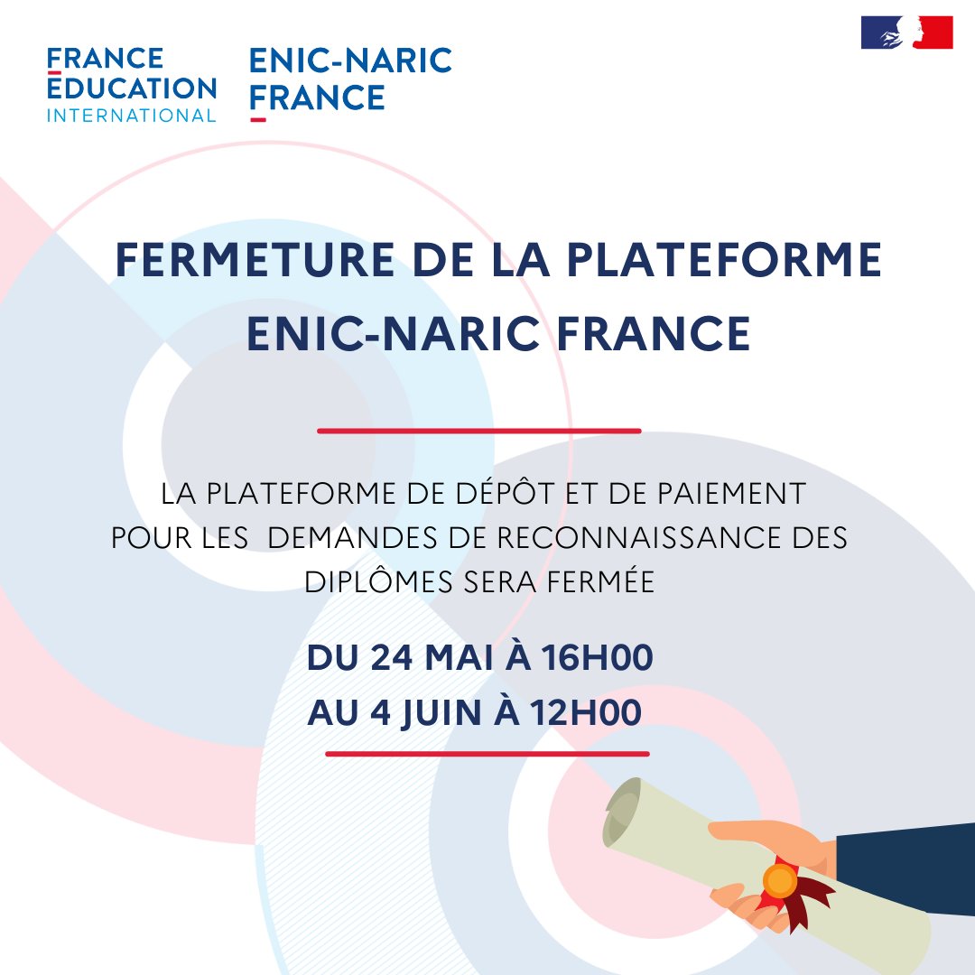 La plateforme de dépôt et de paiement du Département de reconnaissance des diplômes - centre ENIC NARIC France sera fermée temporairement du vendredi 24 mai à 16h au mardi 4 juin à 12h. La plateforme sera de nouveau accessible à partir de mardi 4 juin à 12h.