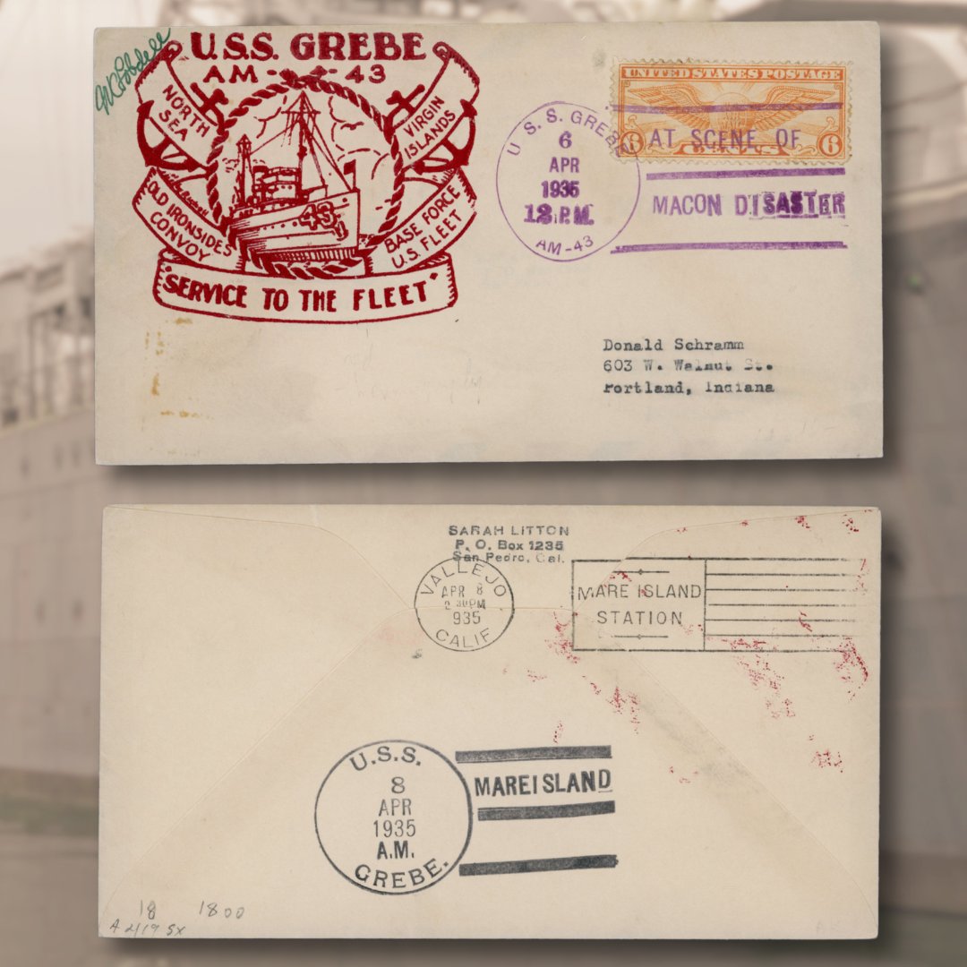This cover will appeal to both collectors of air mail and ship cancellations, as it was postmarked on the USS Grebe at the site of the USS Macon crash in the Pacific Ocean, only months after the accident. Cover courtesy of Gerry Robbins #philately #stampcollecting #postagestamps
