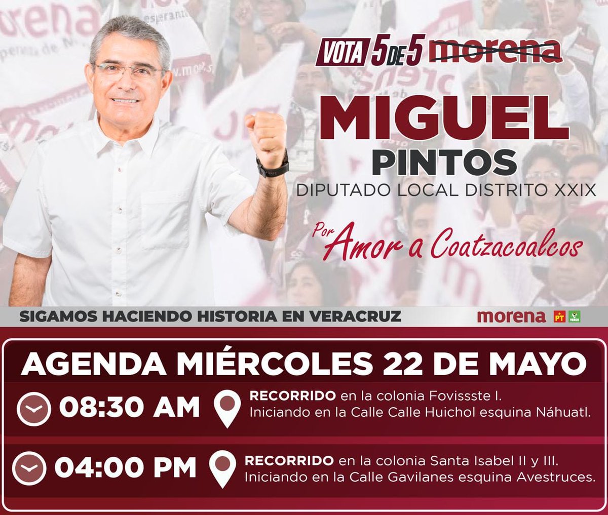 MiguelPintosG's tweet photo. Los espero, vamos #PorAmorACoatzacoalcos
#Coatzacoalcos
#MiguelPintos
#DiputadoLocal
#morena
#Distrito29 https://t.co/qmv3JqRFgW